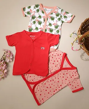 Mi Arcus Pack Of 3 Half Sleeves Polka Dot & Flamingo Printed Vest - Red & Peach