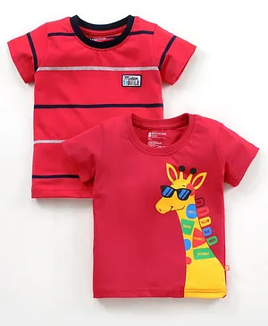 Bodycare Half Sleeves Stripe T-Shirts Giraffe Print Pack of 2 Red (Print May Vary)