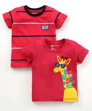 Bodycare Half Sleeves Stripe T-Shirts Giraffe Print Pack of 2 - Red