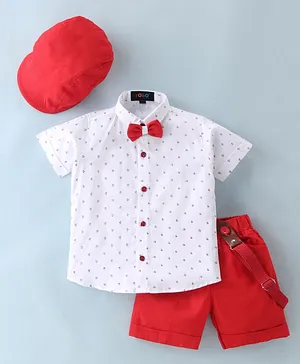 Robo Fry Polyester Knit Half Sleeves Shirt & Shorts With Suspenders & Bow - Red