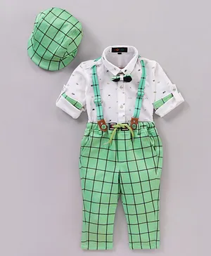 Robo Fry Full Sleeves Party Shirt & Checks Bottom With Suspenders & Cap - Green White