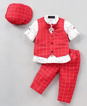 Robo Fry 3 Piece Full Sleeves Checked Party Suit With Bow & Cap - Red