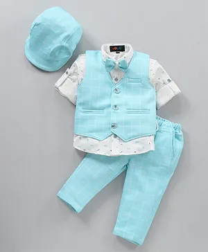 Robo Fry 3 Piece Full Sleeves Checked Party Suit With Bow & Cap - Blue