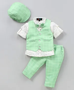 Robo Fry 3 Piece Full Sleeves Checked Party Suit With Bow & Cap - Green