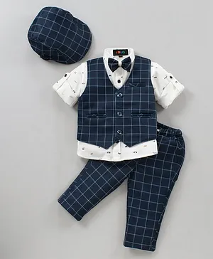 Robo Fry 3 Piece Full Sleeves Checked Party Suit With Bow & Cap - Dark Blue