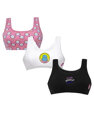 D'chica Pack Of 3 Cat & Smile Print Sports Bras - Pink White & Black