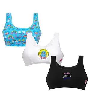 D'chica Pack Of 3 Rainbow Successful Girl & Smile Print Sports Bras - Blue White & Black