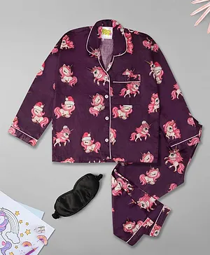 Pyjama Party Full Sleeves Unicorn Printed Shirt With Pyjama Set   - Purple