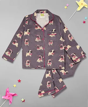 Pyjama Party Full Sleeves  Pug Printed  Kids  Pyjama Set - Brown