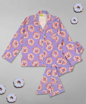 Pyjama Party Full Sleeves Donut Printed Kids Cotton Pyjama Set - Lavender