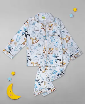 Pyjama Party Full Sleeves Makeup Print Night Suit - White