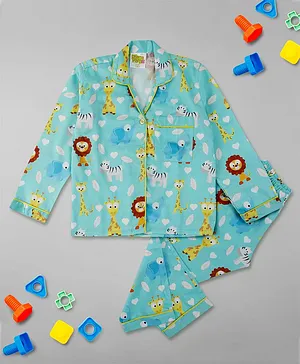 Pyjama Party Full Sleeves Into The Jungle Theme Kids Cotton Pyjama Set - Mint Green