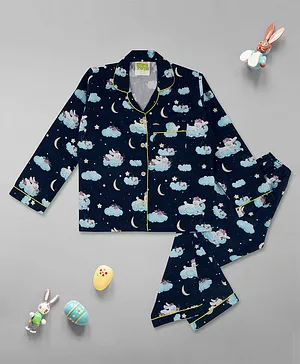 Pyjama Party Full Sleeves Bunny & Night Print Kids Cotton Pyjama Set - Navy Blue