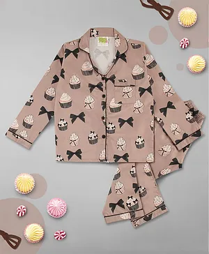 Pyjama Party Full Sleeves Cup Cake Print Kids Cotton Pyjama Set - Brown