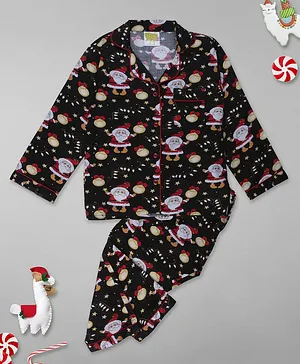 Pyjama Party Full Sleeves Secret Santa Print Kids Cotton Pyjama Set - Black