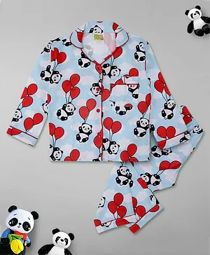 Pyjama Party Full Sleeves Happy Panda With Balloons Kids Cotton Rayon Pyjama Set - Sky Blue