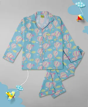 Pyjama Party Full Sleeves Hot Air Balloon Print Kids Cotton Rayon Pyjama Set - Light Blue