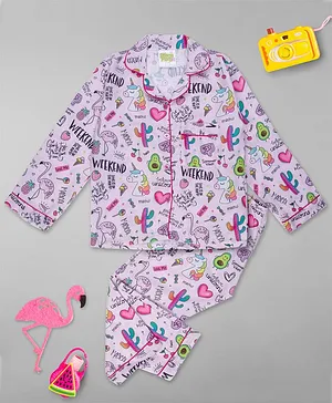 Pyjama Party Full Sleeves  Weekend Fun Print Kids Cotton Rayon Pyjama Set - Pink