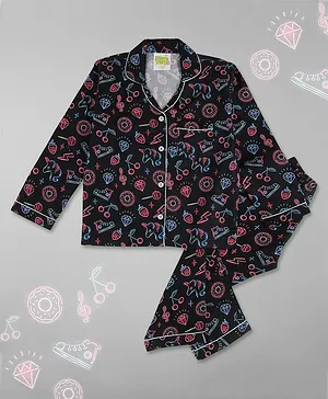 Pyjama Party Full Sleeves Unique Printed Kids Cotton Pyjama Set - Black