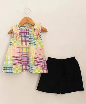 Woonie Sleeveless Checks Print Ruffle Detail Top & Solid Shorts Set - Multi Color