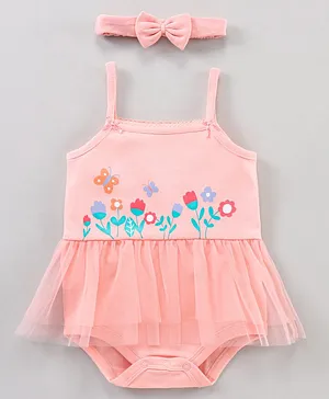 Babyhug 100% Cotton Singlet Sleeves Onesie With Headband Floral Print & Net Detailing - Pink