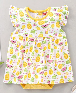 Babyhug 100% Cotton Frill Sleeves Onesie Fruit Printed - Yellow