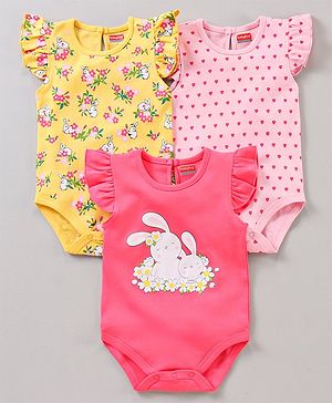 Babyhug 100% Cotton Flutter Sleeves Onesies Multi Print Pack of 3 - Multicolour