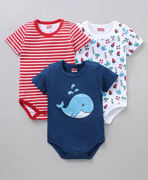 Babyhug 100% Cotton Onesies Whale Print Pack of 3 - Red Blue White