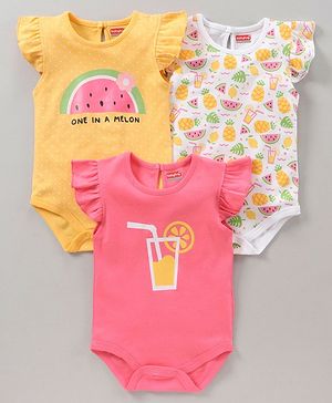 Babyhug 100% Cotton Short Sleeves Onesie Melon Print Pack of 3 - Pink Yellow