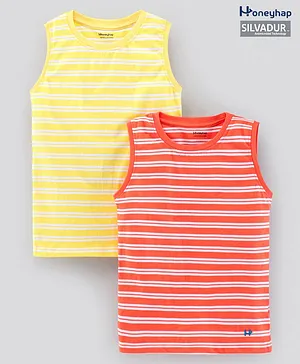 Honeyhap 100% Cotton Sleeveless Striped T-Shirts With Antimicrobial Finish Pack Of 2 - Yellow Red