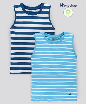 Honeyhap 100% Cotton Sleeveless Striped T-Shirts With Antimicrobial Finish Pack Of 2 - Blue