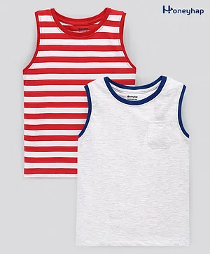 Honeyhap 100% Cotton Sleeveless T-Shirts With Antimicrobial Finish Solid & Striped Pack Of 2 - Red Grey