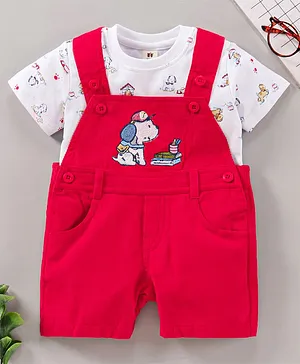 ToffyHouse Cordial Dungaree With Half Sleeves Tee Puppy Print - Red