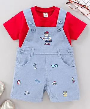 ToffyHouse Corduroy Dungaree With Half Sleeves Inner Tee Teddy Embroidery - Blue Red