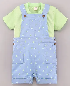 ToffyHouse Cotton Half Sleeves Dungarees Set With Tee Printed - Blue Green