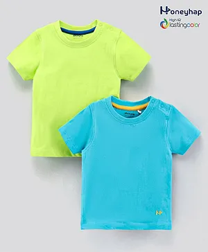 Honeyhap 100% Cotton Half Sleeves Solid T-Shirts With High IQ-Lasting Colors Pack Of 2 - Blue Green