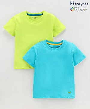 Honeyhap 100% Cotton Half Sleeves Solid T-Shirts With High IQ-Lasting Colors Pack Of 2 - Blue Green