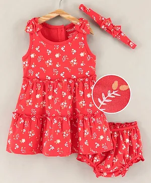 Babyoye Cotton Knit Sleeveless Frock Dress with Bloomer Floral Print - Red