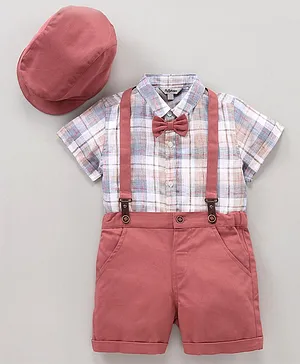 ToffyHouse Half Sleeves Checked Shirt and Shorts Set with Suspender - Maroon