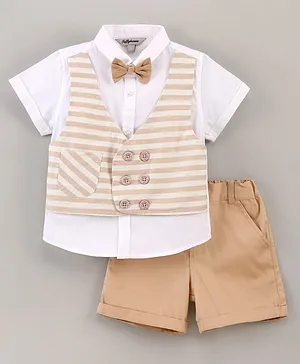 ToffyHouse Half Sleeves Shirt With Attached Waistcoat & Shorts Stripes Print- Beige