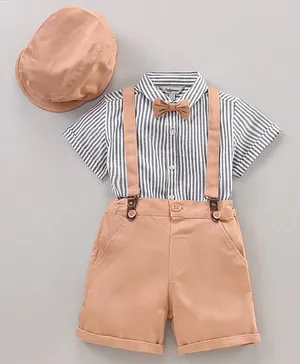 ToffyHouse Half Sleeves Striped Shirt and Shorts Set with Suspender - Khaki