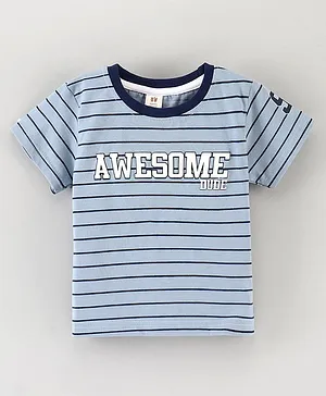 ToffyHouse Half Sleeves Striped Tee Text Print - Blue