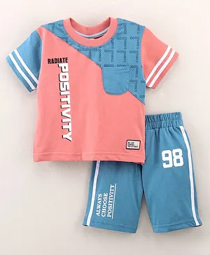 ToffyHouse Half Sleeves T-Shirt & Shorts Set Text And Brick Print- Blue Peach