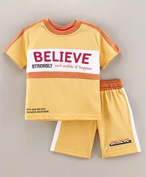 ToffyHouse Half Sleeves T-Shirt & Shorts Set Believe Strongly & Watch It Happen Print - Yellow