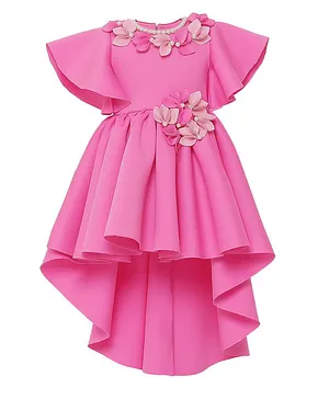 TINY MINY MEE Flutter Sleeves Flower And Beads Applique Front High Low Dress - Pink