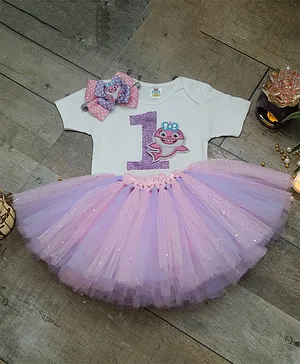 TINY MINY MEE Half Sleeves One Print And Shark Patch Bodysuit , Flared Skirt And Bow Hair Band Set - Pink Lavender