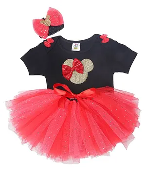 TINY MINY MEE Half Sleeves Mouse Print And Bow Applique Bodysuit With Flared Skirt And Bow Hair Band Set - Red