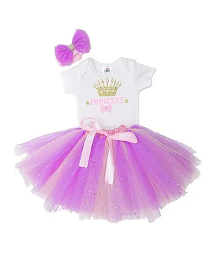 TINY MINY MEE Half Sleeves Princess Crown Glitter Print Bodysuit With Flared Skirt And Bow Hair Band Set - Purple Pink
