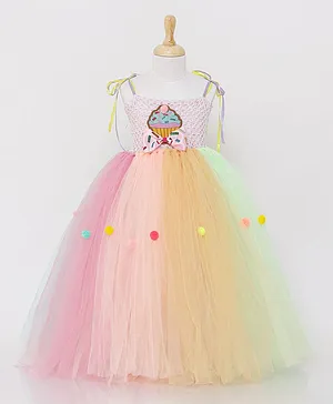 TINY MINY MEE Sleeveless Cupcake Patch Gown With Bow Applique - Multicolor