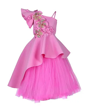 TINY MINY MEE Sleeveless Embellished Floral Applique High Low Top With Tutu Skirt - Pink